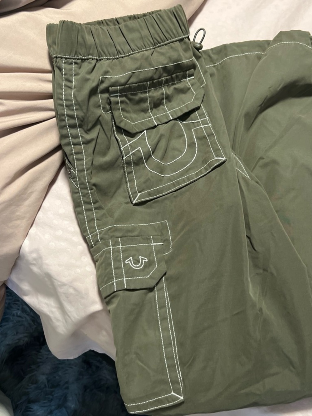 True Religion Olive Cargo Jumpsuit Pants with Contrast Stitching